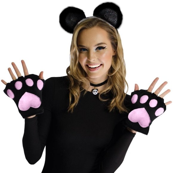 Panda Bear Kit 14+ Black Pink Headband Choker 4 Pc Halloween Costume Accessory - Picture 1 of 3